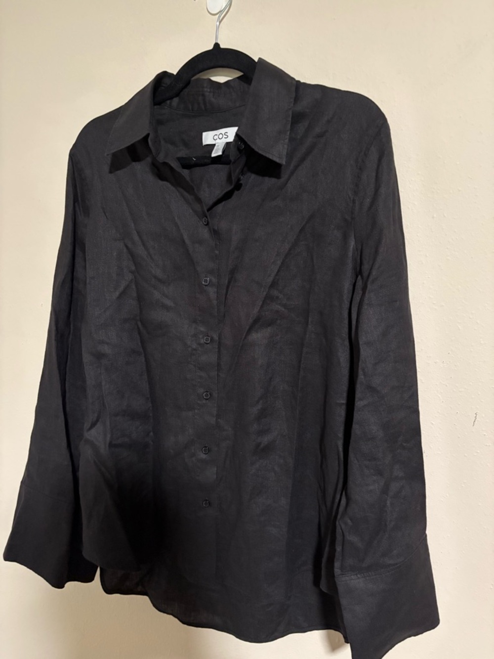 COS Long-Sleeve Black Linen Button-Up Shirt, Size 8. Flare Sleeve